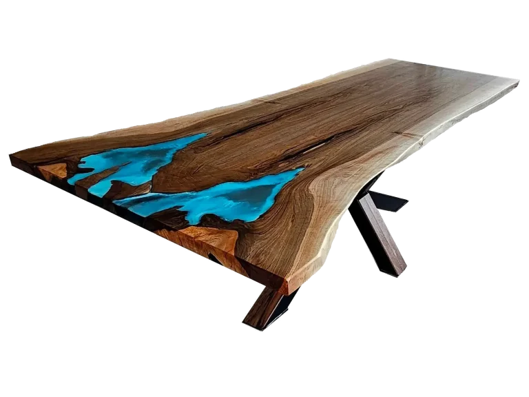 Walnuss-Tisch mit Epoxidharz Walnuss-Tisch mit blauem Epoxidharz in Meeroptik und Spider Tischgestell