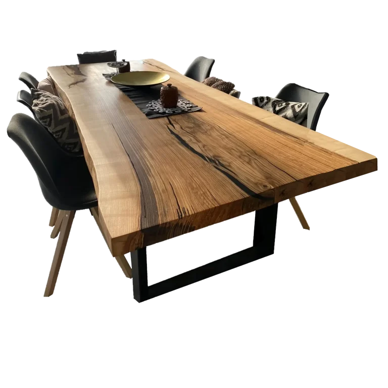 Esche Monoblock-Tisch Holztisch mit natürlicher Baumkante und schwarzer Bestuhlung
